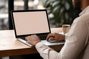 Close up back view of a young business man working on show blank or empty white screen, hands typing laptop computer at office desk. Hand typing laptop keyboard with office table blur background.