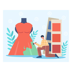 Man holding brush and paints dress in different color. Finished fabric dyeing. Manufacturing process and selection of colors for fabric. Flat vector illustration in cartoon style