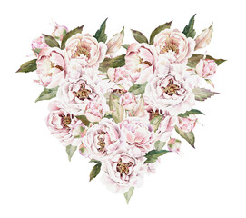 Watercolor floral heart composition. Flowers, pink peonies, buds and leaves. Hand drawn illustration isolated on white background. Wedding, birthday, card, botanical design, spring print.