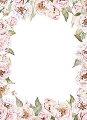Watercolor floral frame on white background.. Vintage border design. Art poster, banner with peonies. Greenery wedding invitation card template. Isolated graphic.