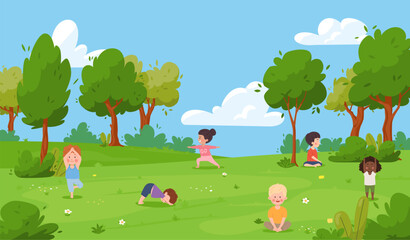 Yoga children class in nature on the lawn, cute girls and boys in yoga pose, yoga healthy exercise vector illustration