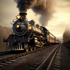Fototapeta na wymiar The steam train travels in the evening
