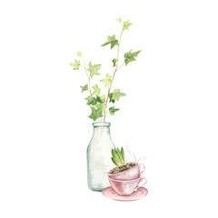 Watercolor Easter composition. Ivy in a glass bottle and a pair of vintage pink mugs. Spring decoration. Hand drawn illustration isolated on white background.