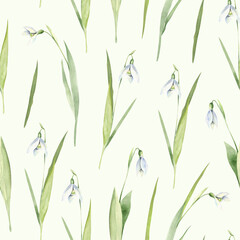 Watercolor floral seamless pattern with snowdrops. Hand drawn illustration on light green background. Wedding, birthday, card, textile, wrapper, botanical design, spring print.