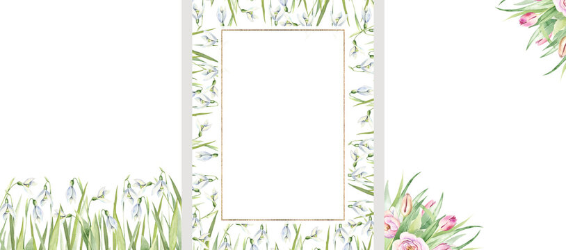 Floral watercolor frames set. Snowdrops, tulips. Hand painted illustrations on a white background. Spring border design. Art poster, banner. Greenery wedding invitation card template.