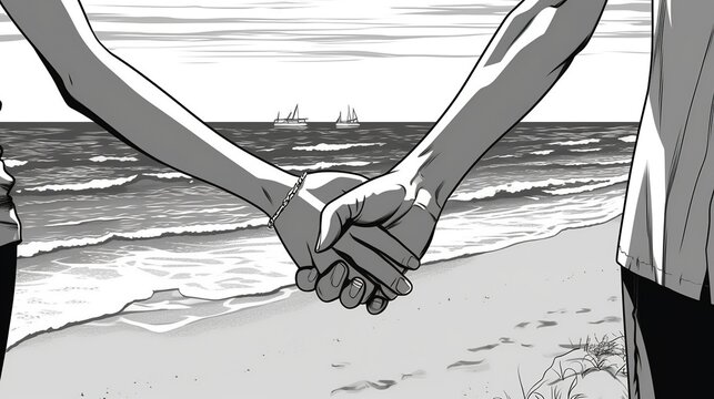 Contented couple holding hands on a beach . Fantasy concept , Illustration painting.