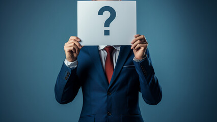 Businessman holding bigger question mark paper on blue background.