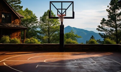 Nature's beauty engulfs the silent basketball court amidst the mountains