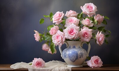 The elegant porcelain vase with roses on the table added a touch of romance to the dining room