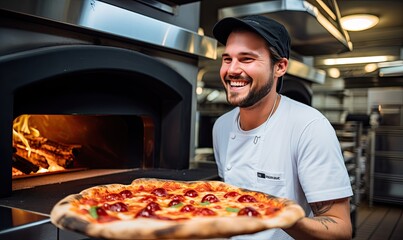 The man carefully retrieves the piping-hot pizza from the oven