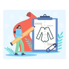 Lady holds large pencil and creates blouse sketch for women. Modeling and plan for building clothes. Seamstress work in workshop. Flat vector illustration in cartoon style in blue and red colors