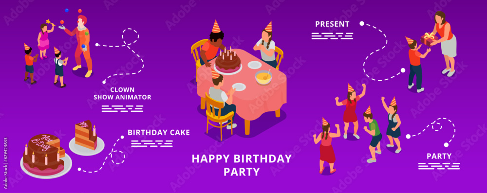 Poster birthday party isometric infographic