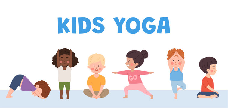 Children in yoga poses poster, little kids doing yoga exercise vector set illustration downward dog, butterfly, mountain