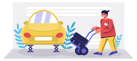 Worker transports wheels for car, installing new tires. Female mechanic carry cart with new wheels. Technic occupation concept. Tire fitting service. Flat vector illustration in cartoon style