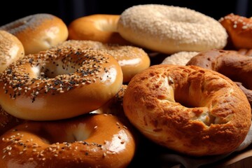 Freshly baked bagels with sesame seeds on wooden table, closeup