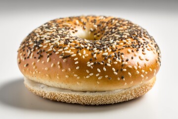 Freshly baked bagel with sesame seeds on a white background