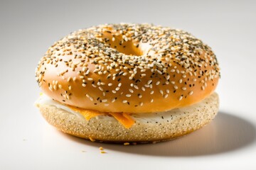 Closeup of a bagel with sesame seeds on white background