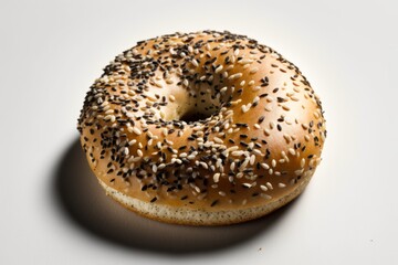 Freshly baked bagel with sesame seeds on white background.