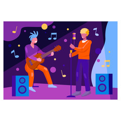 American man standing near microphone and sings. Music band sinning and playing on stage. Creative people creating music concept. Flat vector illustration in blue and orange colors in cartoon style