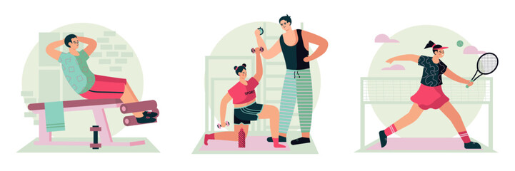Man doing abs in the gym. Couple training together. Young lady playing tennis. Sporty and healthy lifestyle. Concept of doing workout. Vector flat illustration in green and red colors in cartoon style