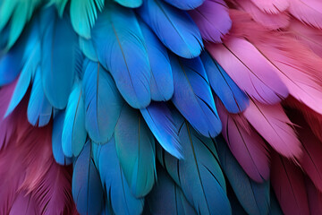 Obraz premium Colorful Feather Background Texture. Vibrant, Artistic Design with Exotic Wing Details – Ultra-Realistic and Elegant. Generative AI.