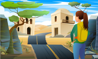 Village in desert. girl with backpack looks ahead. road to town in traditional style. Hiking trip. Cartoon style. Vector