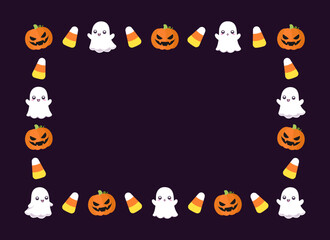 Cute Rectangle Halloween Frame Template. Rectangular Halloween border with cartoon ghost, jack o lantern, pumpkins, candy corn. Social media banner vector illustration