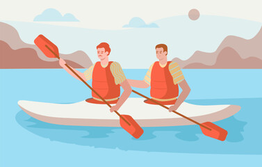 Two adult men in life jackets hold oars and swim in double kayak. Recreation and competitions on river. Swimming sports concept. Flat vector illustration in cartoon style in blue and orange colors