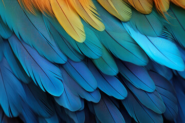 Obraz premium Colorful Feather Background Texture. Vibrant, Artistic Design with Exotic Wing Details – Ultra-Realistic and Elegant. Generative AI.