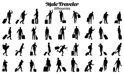 Set of male traveler silhouette vector illustrations carrying suitcases