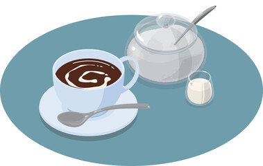 コーヒーとお砂糖とミルクのアイソメトリックベクターイラスト