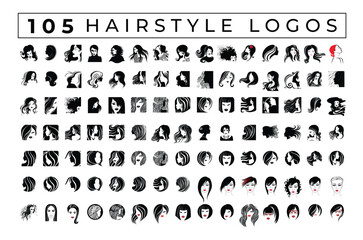 128 vector illustrations of woman with beautiful hair. Hairstyle logotype