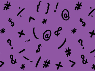 pattern with the image of keyboard symbols. Punctuation marks. Template for applying to the surface. violet purple background. Horizontal image.