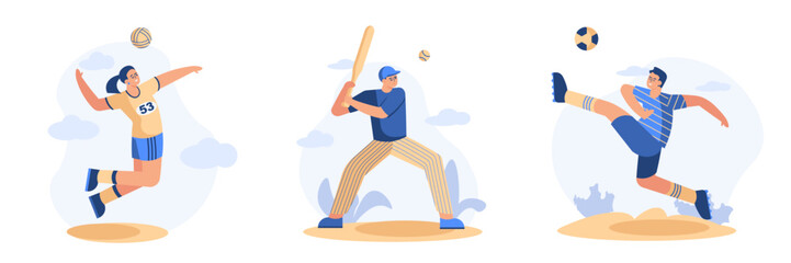 Fototapeta premium Set of sporty young people playing different games. Young lady in uniform jumping and playing volleyball. Male playing baseball. Football player jump with ball. Flat vector illustration