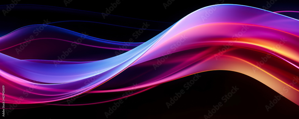 Poster abstract fluid holographic iridescent neon curved wave in motion dark background 3d render. gradient