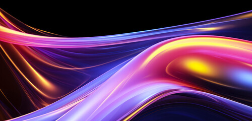 Abstract dark holographic iridescent neon background fluid liquid glass curved wave in motion 3d render. Gradient design element for banners, backgrounds, wallpapers and covers