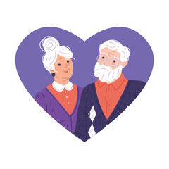 Cartoon grandmother and grandfather lovely portrait, Grandparents day vector doodle illustration in shape of heart