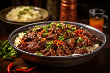 Delicious Chinese Szechuan beef served with rice.  Generative AI