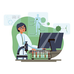 Adult female working on computer, looking at diagram and result of research. Modern laboratory. Analysis and testing in laboratory. Flat vector illustration in green colors