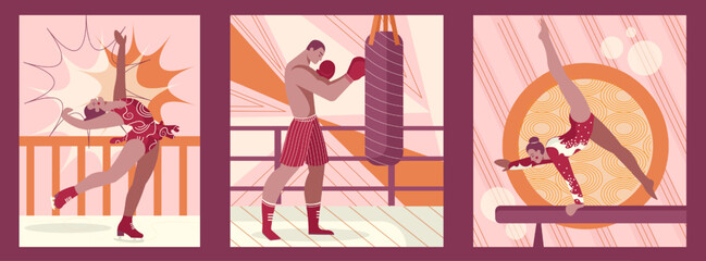 Woman performing on ice stage, engaged in figure skating. Man in boxing gloves performs punches. Gymnast performs exercise on competitions. Flat vector illustration in cartoon style