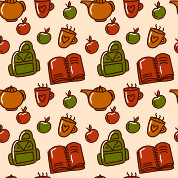 Autumn Seamless Pattern. School Atmosphere. A Book, A Backpack, An Apple And Tea. Vector Illustration. Ideal For Use In Textiles, Paper Designs, Home Decor, And Other Creative Projects