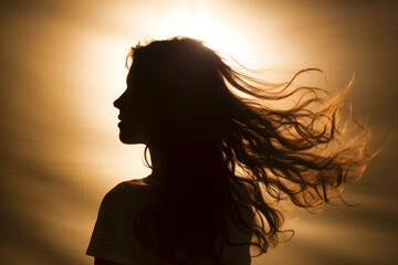 photograph of Silhouette of woman's head with waving hair, back light. generative ai