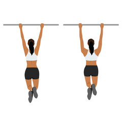 Fototapeta na wymiar Woman doing scapula pull or scap pulls or pull up exercise. Flat vector illustration isolated on white background