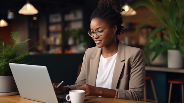 A businesswoman is working with her laptop at her office.