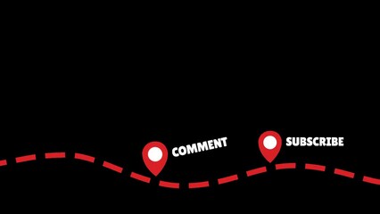 Fun "Like Comment Subscribe" animation of a dotted path and filled pin locations in red and white with a clear background. Easy to overlay on to your YouTube videos. No editing required.