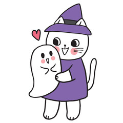 Cartoon cute halloween wicht cat vector.