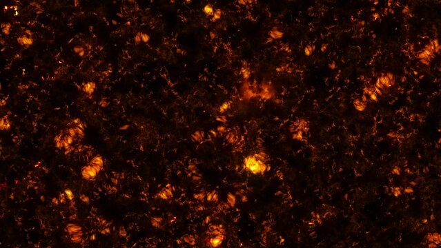 Flaming surface of the Sun. Exploding bright orange hot solar flares