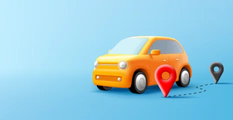Fototapeten Cute cartoon yellow car illustration, 3d render with pins and route planned, digital composition © marynaionova