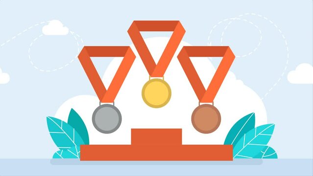 Set of gold, silver and bronze medals. Sports competition first, second and third place awards. Championship reward. Contest victory. Gold, silver and bronze medals with ribbon. 2D flat animation