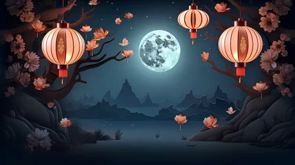 Afwasbaar Fotobehang Volle maan Mid Autumn Festival Chinese lantern, cherry blossoms, and full moon. Modern style design. Concept for traditional Asian holiday card, poster, banner. Generative AI
